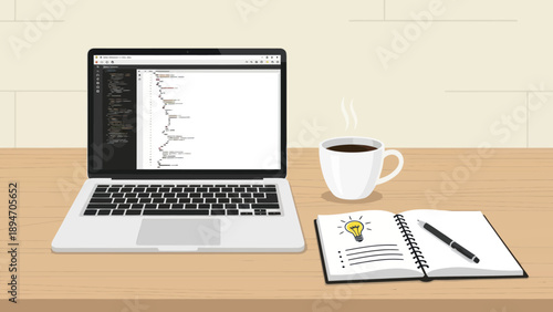 Laptop with graph on screen and office supplies.