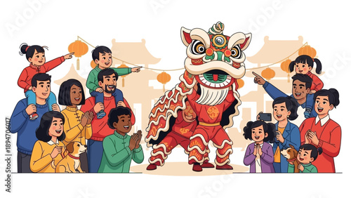 Illustration of people celebrating Chinese New Year with a lion dance character, lanterns, and fireworks in a vibrant, cultural festival setting with a predominantly red color scheme.