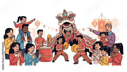 Illustration of a lion dance performance during a vibrant cultural festival with people, lanterns, and fireworks in a lively, red-toned scene.