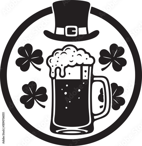 St Patrick’s Day Beer Mug Emblem with Leprechaun Hat and Shamrocks