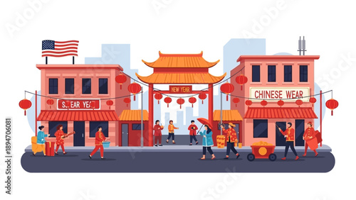 Illustration of a vibrant cultural festival scene with a lion dance performance in a USA street, featuring a Chinese New Year celebration with people, lanterns, and fireworks.