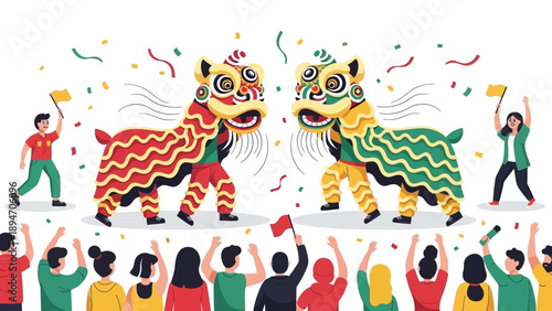 Illustration of a lion dance performance during a cultural festival with people celebrating and waving, featuring colorful lanterns and fireworks in the background.