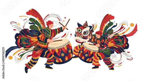 Illustration of a lion dancer and a drummer performing together in a vibrant cultural festival scene with colorful costumes and props.