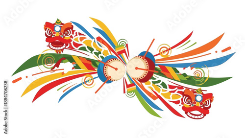 Illustration of a vibrant lion dance character with colorful, swirling designs for a cultural festival or Chinese New Year celebration against a clean white background.