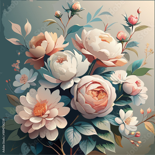 An elegant floral painting illustration with blooming peonies, roses, and jasmine
