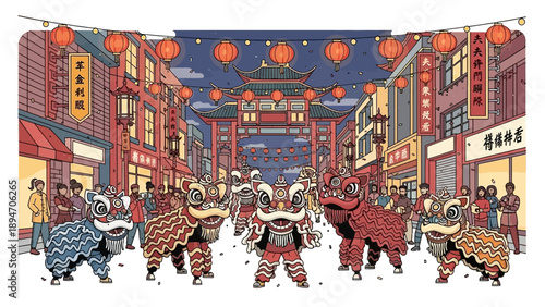 Illustration of a vibrant lion dance performance in a crowded street during a cultural festival with red lanterns and fireworks, conveying a joyful and festive atmosphere.