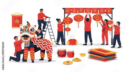 Illustration of people celebrating a cultural festival with a lion dance performance, lanterns, and fireworks in a vibrant, red-toned scene.