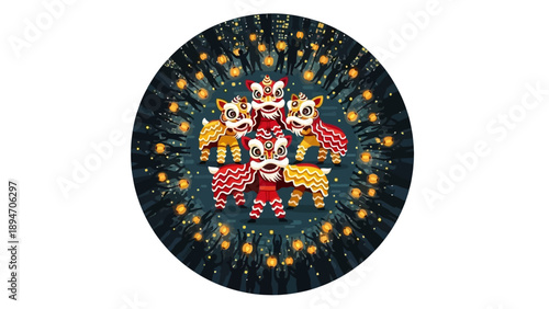 Illustration of a lion dance performance during a cultural festival with fireworks and lanterns in a circular composition.