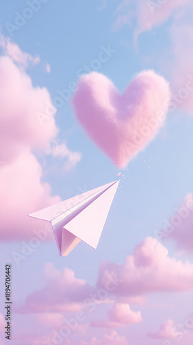 Distance and love are beautifully expressed as paper plane delivers letter through dreamy pink sky with fluffy heart shaped cloud evoking hope and affection