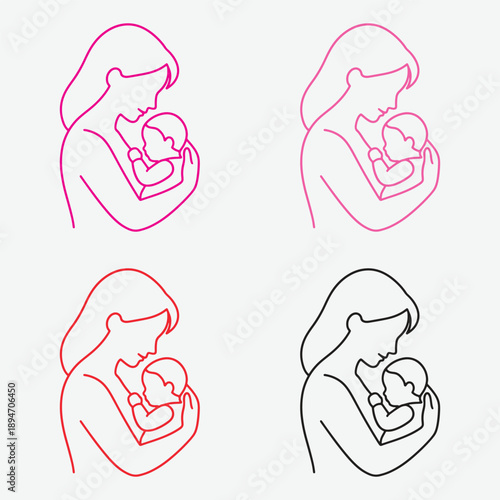 Mother Holding Newborn Baby Line Icon Set – Minimal Motherhood and Maternity Vector Illustration