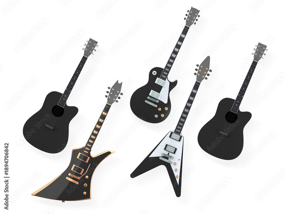 Fototapeta premium Set of electric and acoustic guitars with unique body shapes isolated on white background, concept of music variety