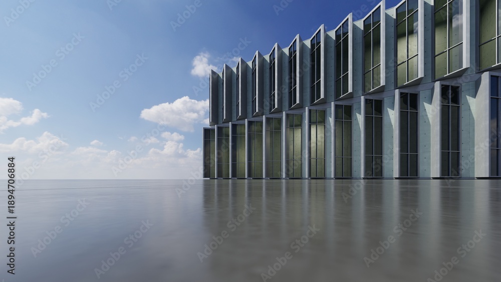 Obraz premium Abstract architecture background, White Concrete Wall And Windows Pattern on empty concrete floor, Modern Exterior Entrance, Scene for car presentation, 3D rendering