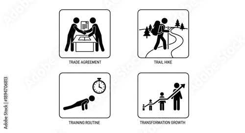 Four Icons Representing Business Hiking Fitness and Growth.