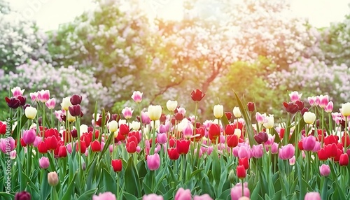 A vibrant garden scene showcases a colorful array of tulips in full bloom framed by lush green trees and foliage