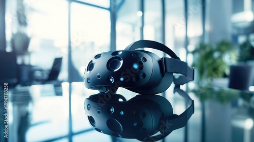 A sleek VR headset and controllers resting on a glass table in a modern office. A symbol of new technology, virtual reality, and the metaverse. Professional product photography. 