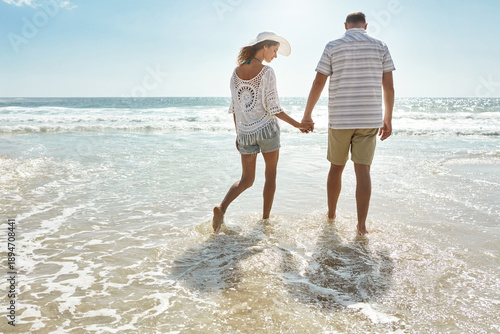Quadro su tela Love, holding hands and back with couple at beach for bonding, support and summer vacation