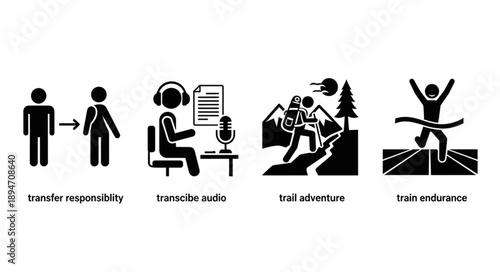 Four Icons Representing Social Distancing Podcasting Mountain Climbing and Reaching Goals.