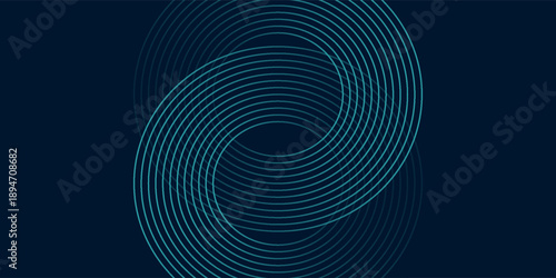 Blue abstract background with glowing circles. Swirl circular lines pattern. Geometric spiral. Twirl element. Modern graphic design. Futuristic technology concept.