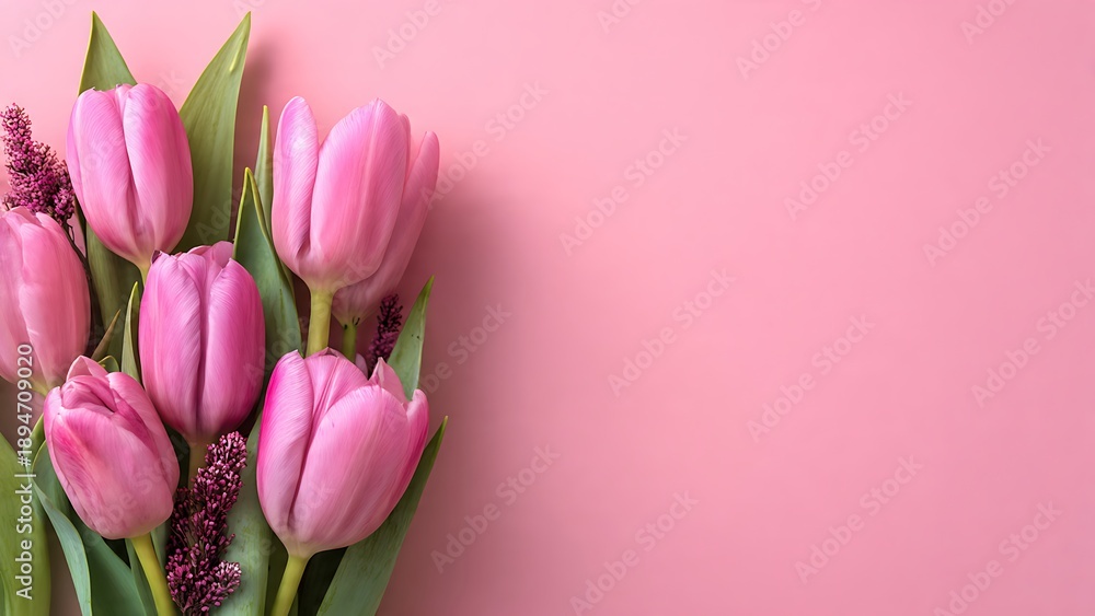 Fototapeta premium Beautiful pink tulips and complementary purple flowers arranged elegantly on a soft pink background, perfect for spring or celebration themes
