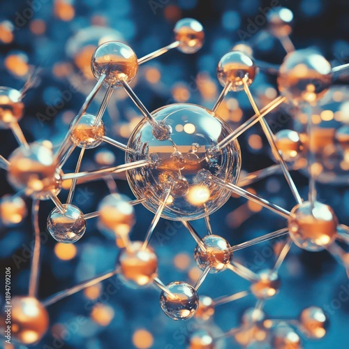 An abstract 3d model of a molecular structure featuring atomic spheres and electron connections representing chemistry and nuclear physics technology in blue and red