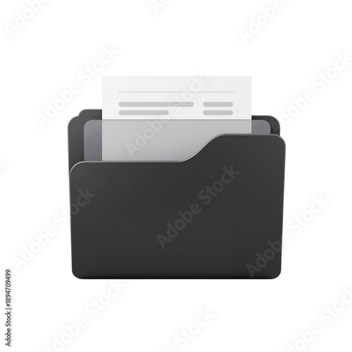 3D Isolated Minimalist Black Office Folder Icon with Paper Document Inside