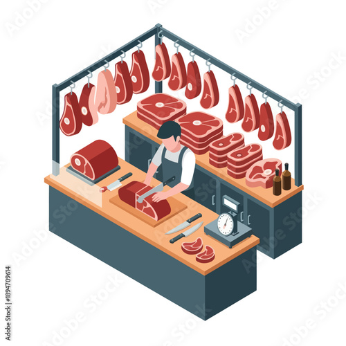 Butcher Preparing Meat at Counter.