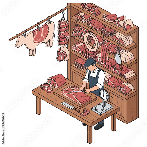Butcher Preparing Meat in Shop.