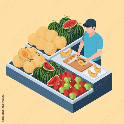 Man Cutting Fresh Watermelon and Fruits.