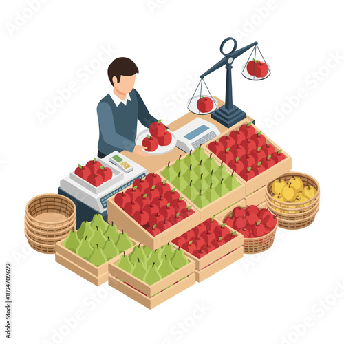 Man Weighing Fresh Strawberries at Market.