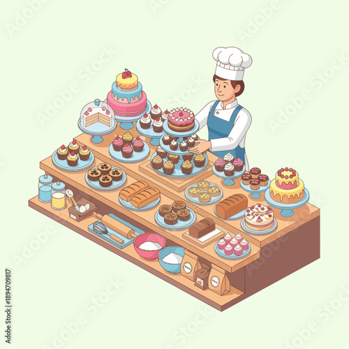 Cartoon Baker Arranging Various Desserts on Counter.