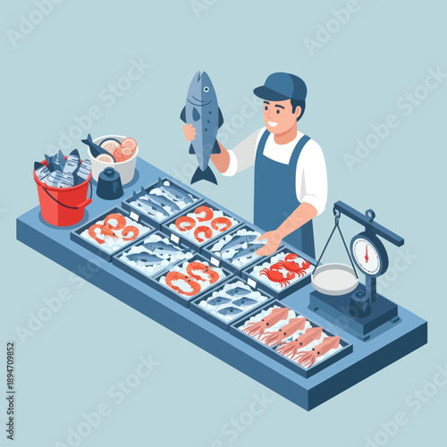 Fishmonger Selling Fresh Seafood at Market.