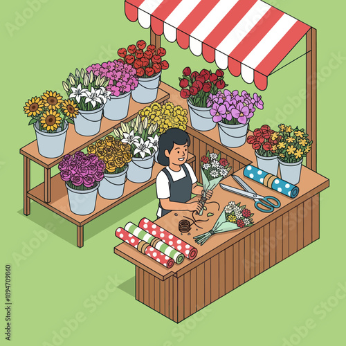 Florist Arranging Flowers at Outdoor Market Stall.