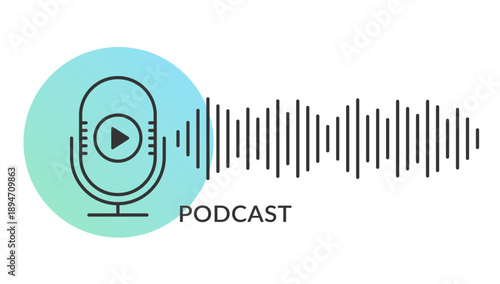 Microphone with play button and audio waveform, representing podcast, audio recording, and broadcasting