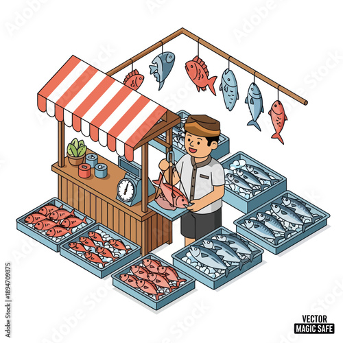 Cartoon Fish Market Vendor Selling Seafood.