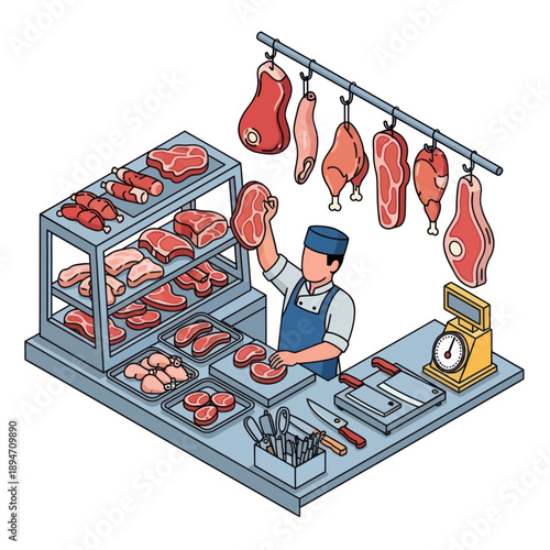 Butcher Preparing Meat at Counter.