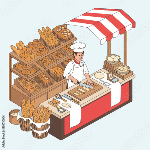 Baker Selling Freshly Baked Bread at Stall.