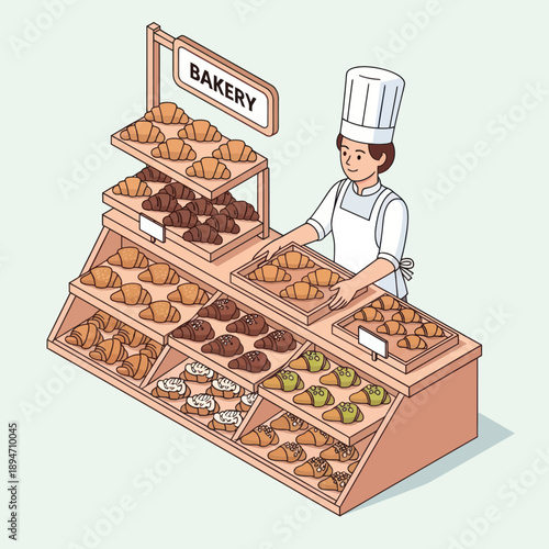 Bakery Display with Assorted Pastries and Baker.