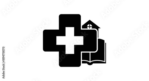 Medical cross and open book with house icon.