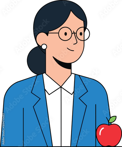 Illustration of a smiling female teacher holding a red apple, wearing glasses and a blue blazer, from a frontal viewpoint