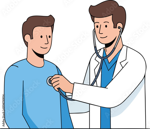 A doctor examines a patient with a stethoscope in a clinical setting from a frontal viewpoint