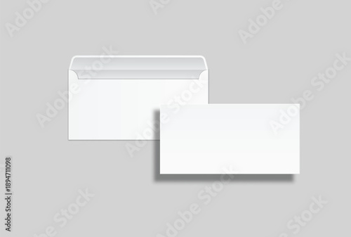 Blank white DL envelope mockup set with transparent shadow isolated on background. Open and closed view of realistic paper mailer for business letters, corporate branding, and office stationery