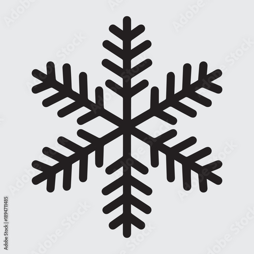 A detailed black silhouette of a six pointed snowflake on a light gray background