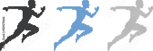Three dot style running figures in black blue and white dots