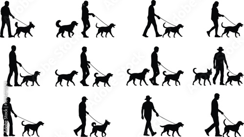 Large Black Silhouette Collection Of People Walking Dogs On Leashes Featuring Men And Women With Various Breeds For Pet Care Services And Outdoor Exercise Concepts