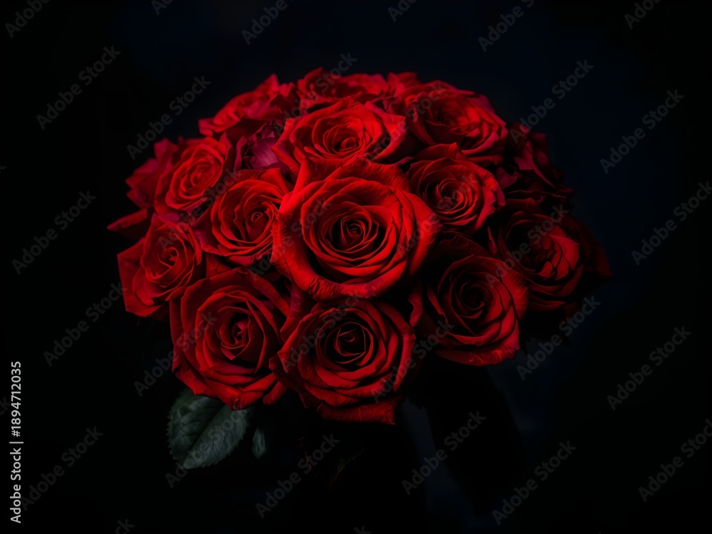 Fototapeta premium Romantic Red Roses Bouquet for Valentine’s Day on Black Background.