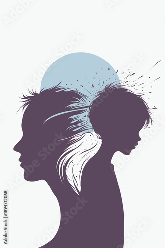 Purple Woman Silhouette with Inner Child Exploding Hair Blue Sun White Background
