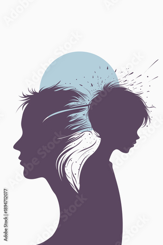 Purple Woman Silhouette with Inner Child Exploding Hair Blue Sun White Background