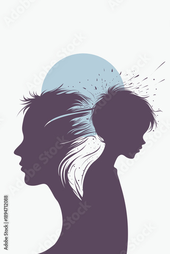 Purple Woman Silhouette with Inner Child Exploding Hair Blue Sun White Background
