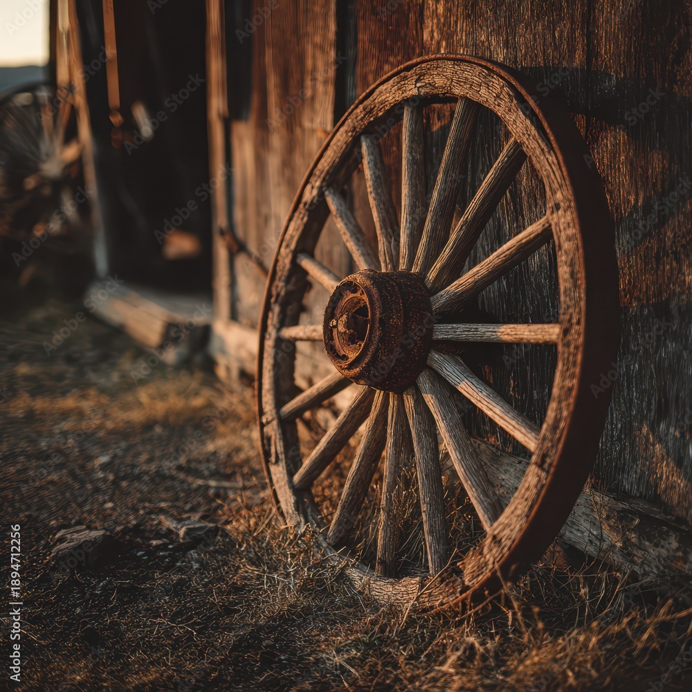 Fototapeta premium Antique wooden wagon wheel with rusted rim in a rural farm setting