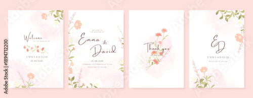 Summer Flower Wedding Invitation set, floral invite thank you, rsvp modern card Design in pink leaf greenery  branches with water color texture background. 